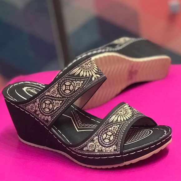 Restocked! Italina Black Floral Rhinestone Peep Wedge Heeled Sandal - Picture 3 of 11